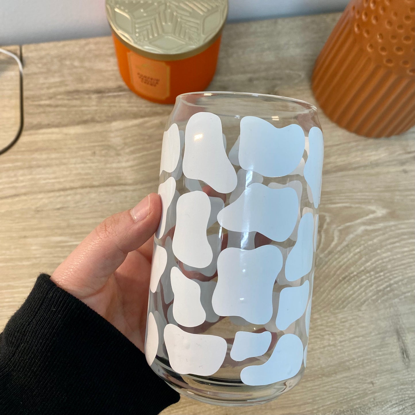 Cow Print Glass Can - Black and White