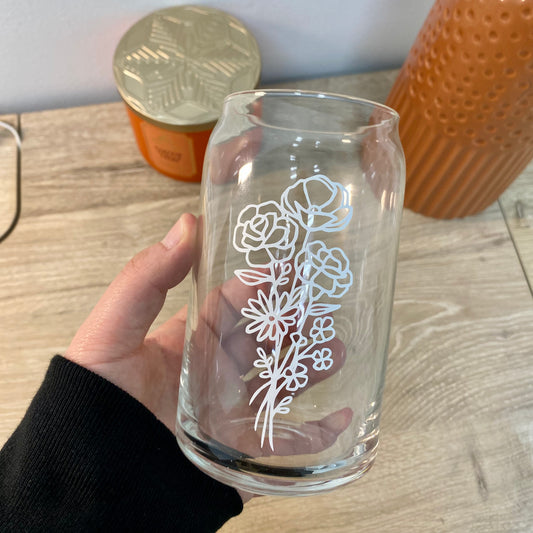 Flower bouquet glass can- floral glass can - glass flower bouquet coffee cup- iced coffee glass can- floral coffee cup- Lulu & May