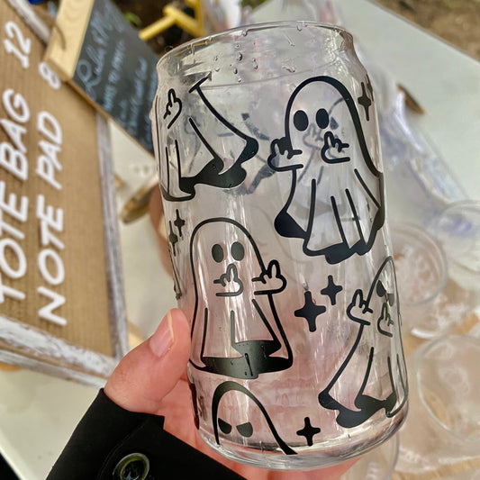 Ghost Middle Fingers Glass Can -Halloween Glass Can