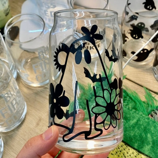 Floral Ghost Glass Can -Halloween Glass Can