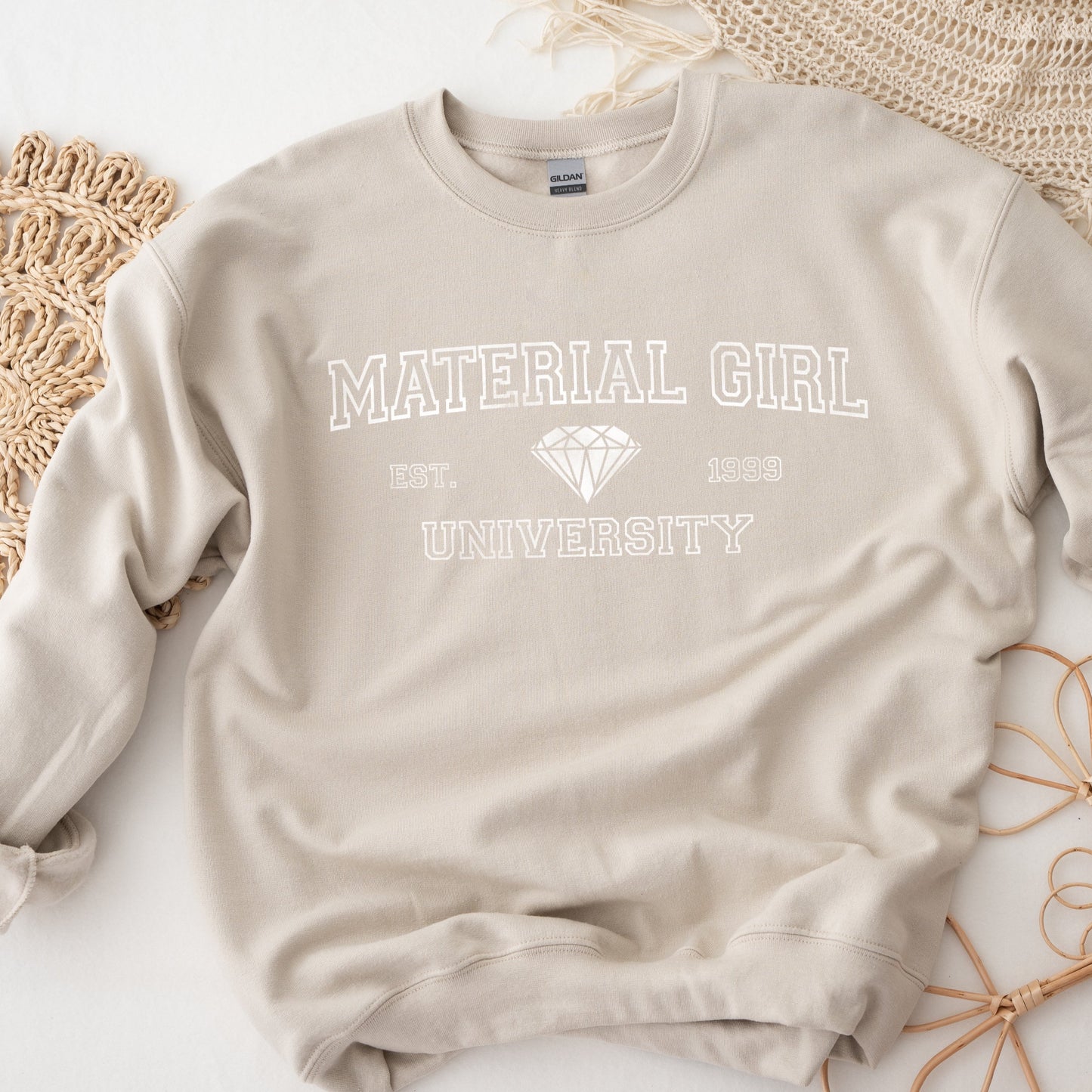 Material Girl Crewneck - Screen Printed Sweater- Unisex Neural sweatshirt -