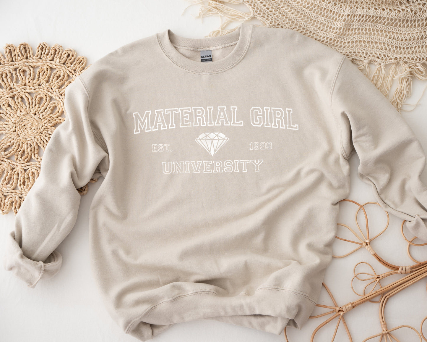 Material Girl Crewneck - Screen Printed Sweater- Unisex Neural sweatshirt -