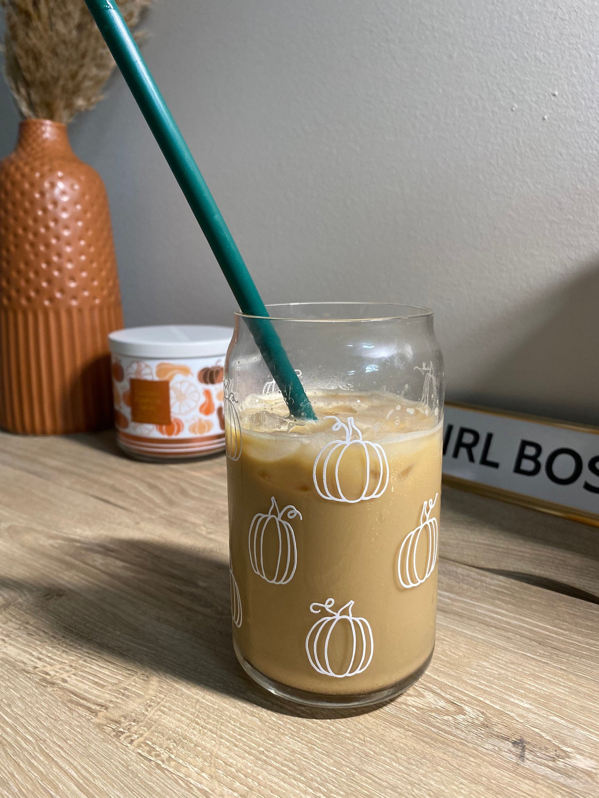 Fall Pumpkin Glass Can - Pumpkin Glass Can - Fall Iced Coffee