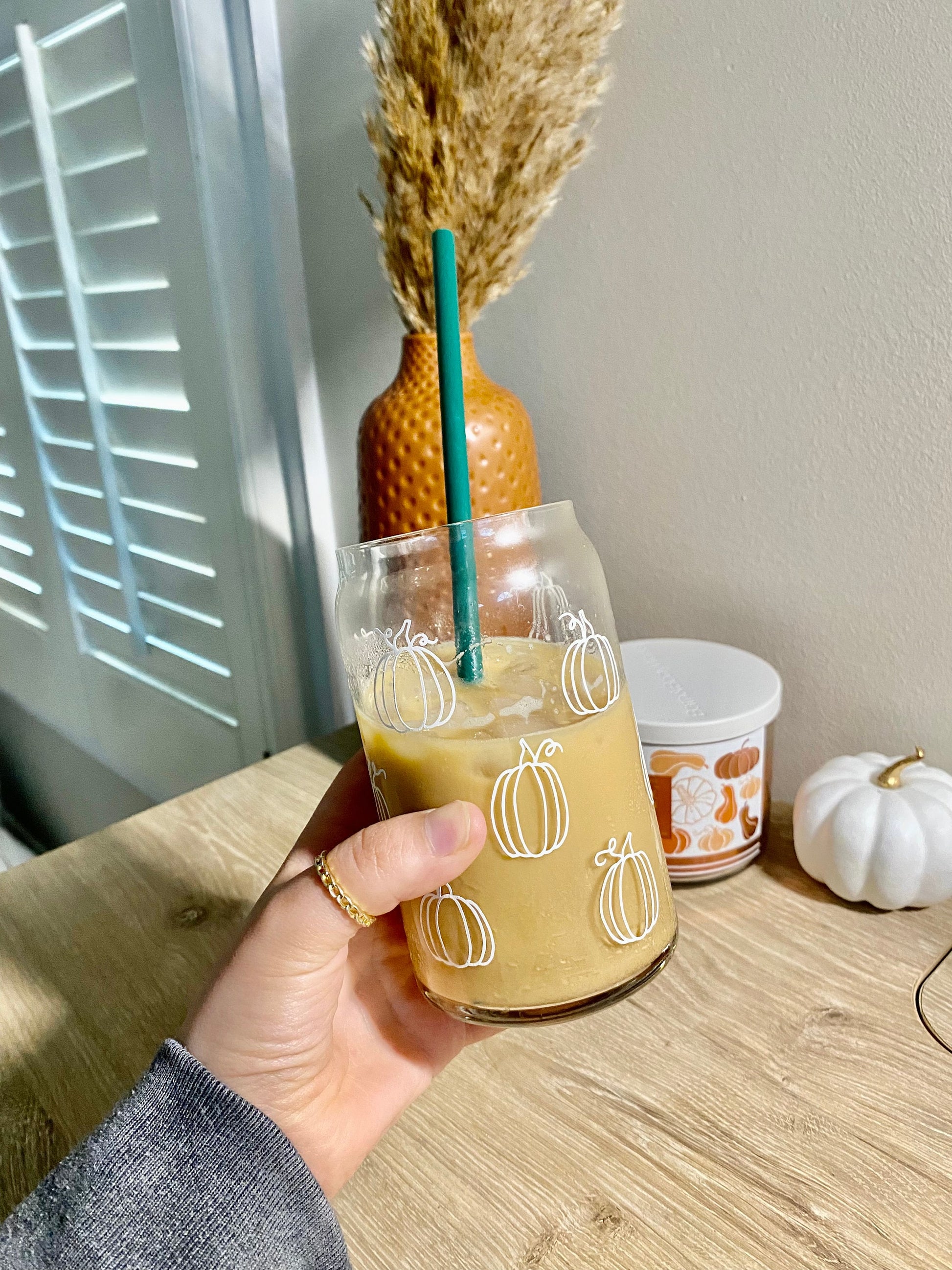 Pumpkin Coffee Glass Fall Beer Can Glass With Lid and Straw 