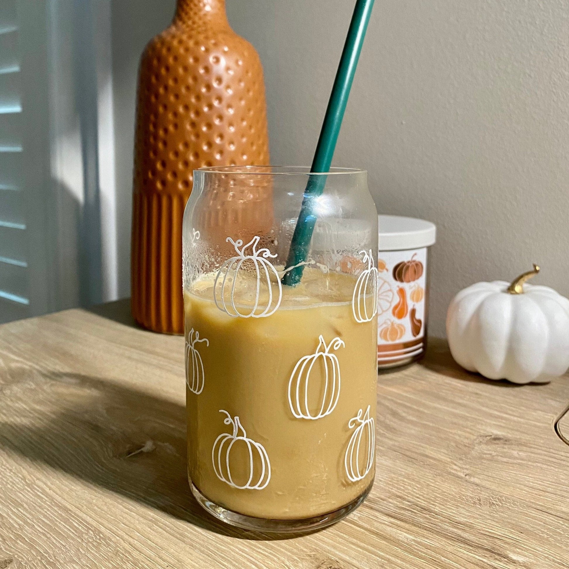 Pumpkin Coffee Glass Fall Beer Can Glass With Lid and Straw 