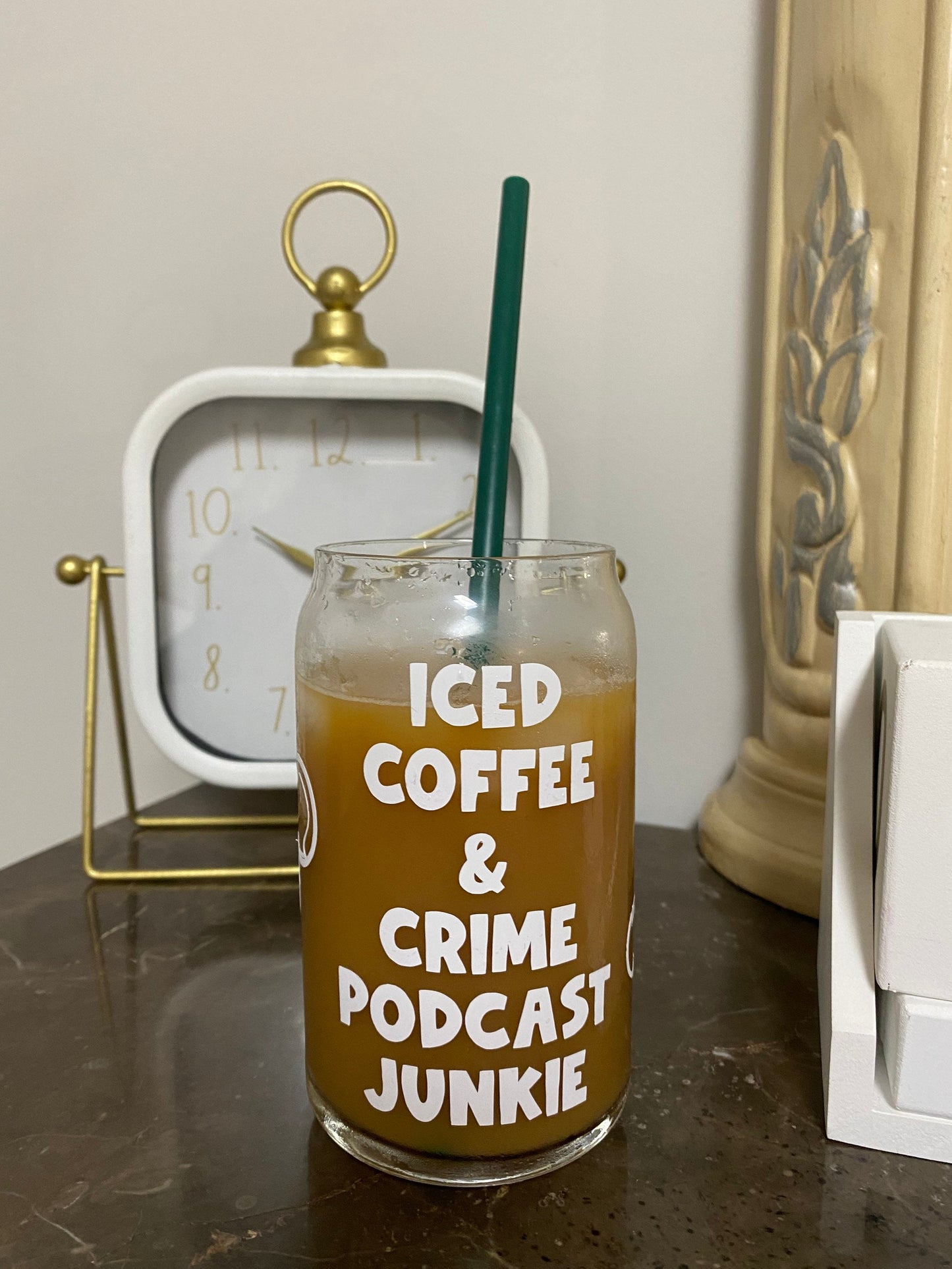Iced coffee and crime podcast junkie glass can- True crimes glass can - crime junkie glass can- iced coffee and crime glass can- Lulu & May