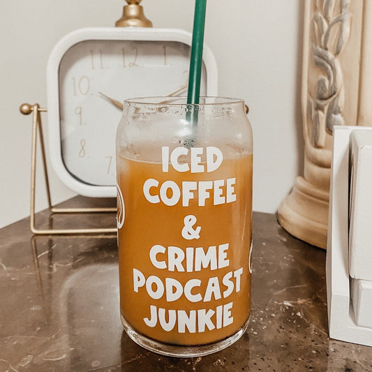 Iced coffee and crime podcast junkie glass can- True crimes glass can - crime junkie glass can- iced coffee and crime glass can- Lulu & May