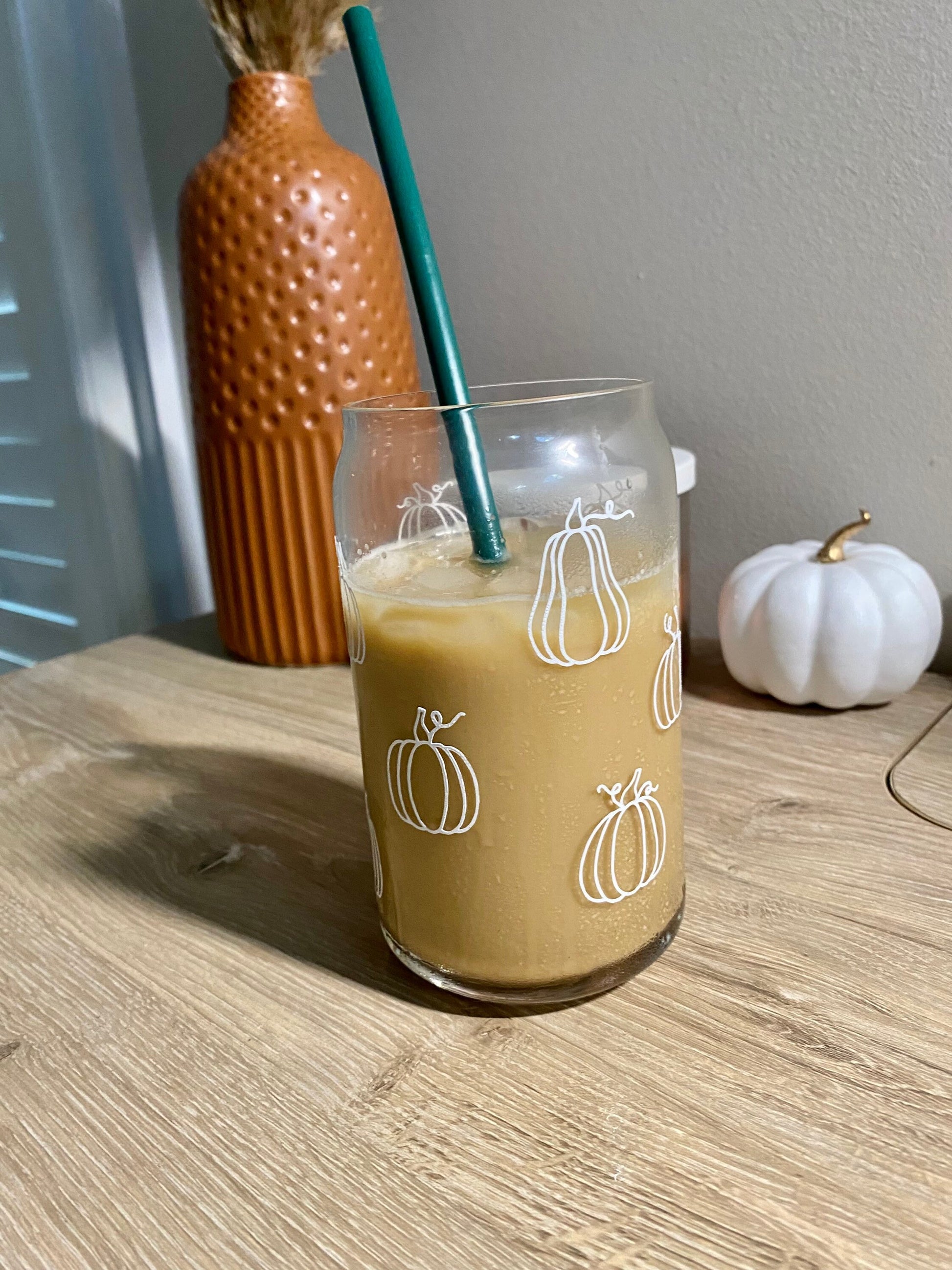 Fall Pumpkin Beer Can Glass Pumpkin Iced Coffee Cup Cute 